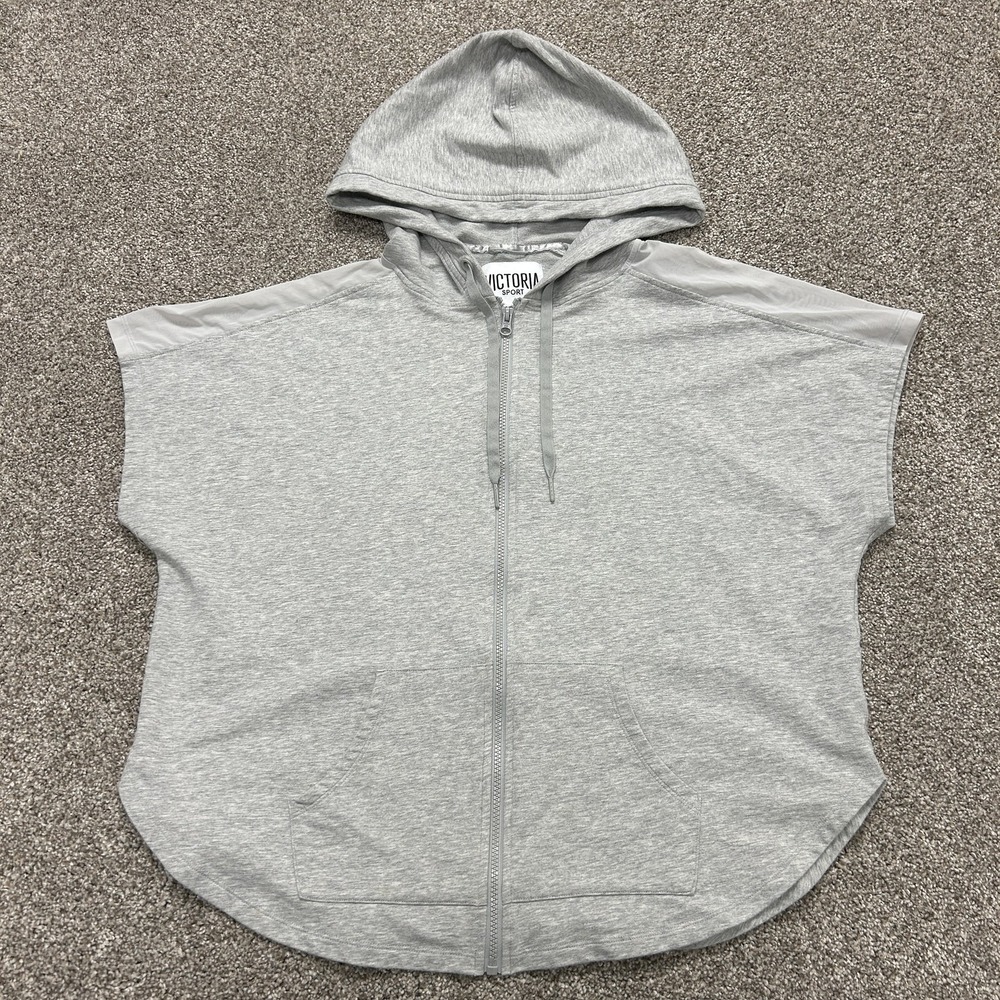 Victoria Sport Hoodie Womens Large Gray Jersey Sleeveless Full Zip Vest Pockets